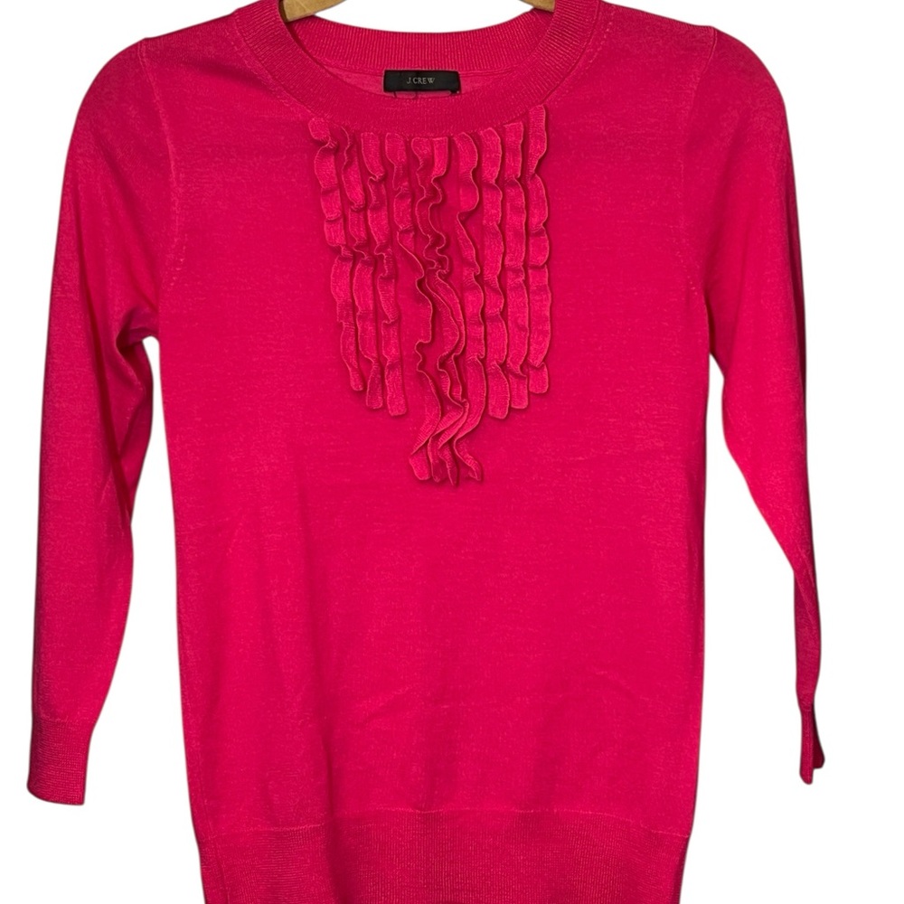 J. Crew Tippi Ruffle Hot Pink Wool Lightweight Sweater Size Est. XS Preppy